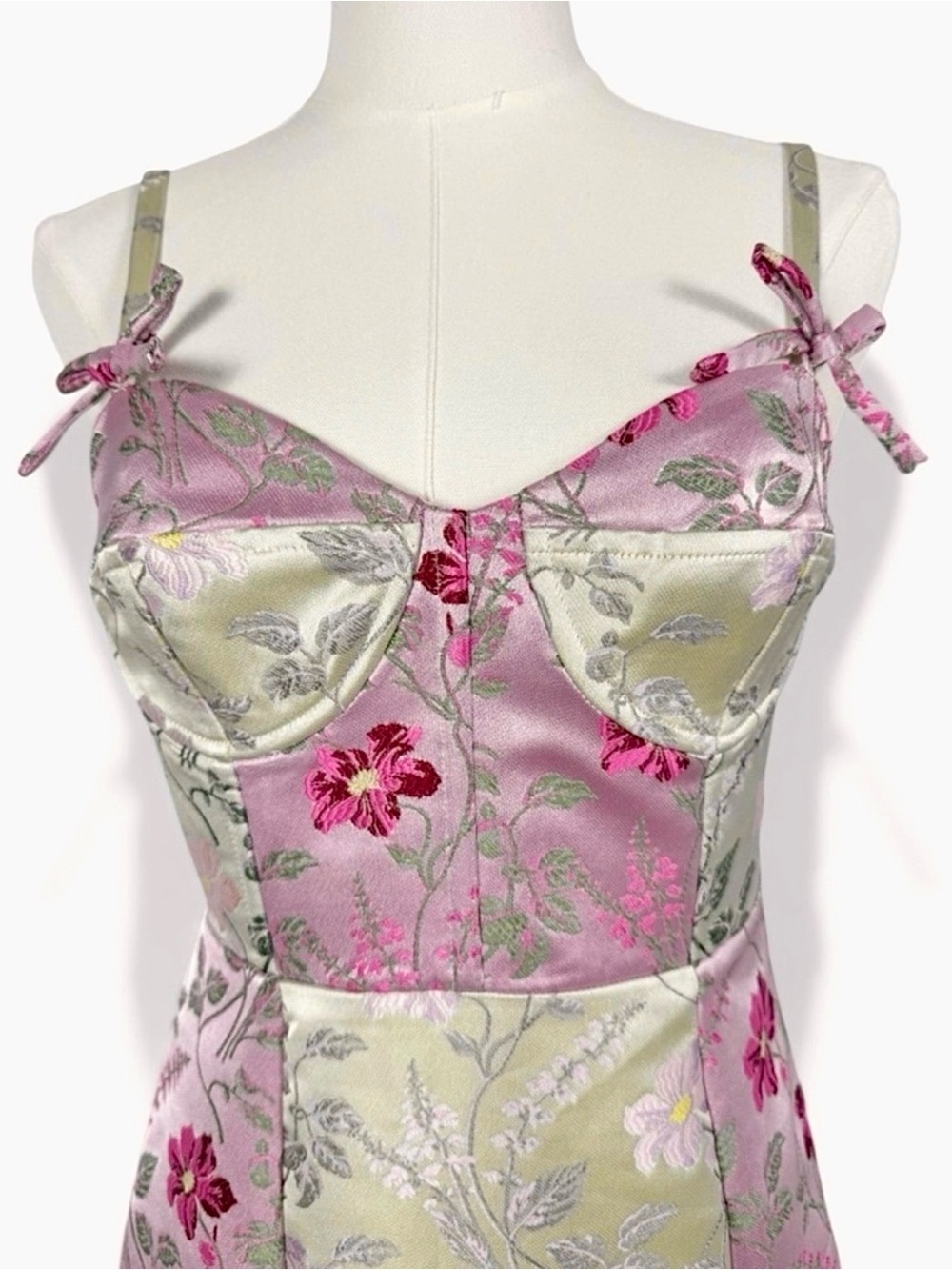 LoveShackFancy Floral Jacquard Bustier Midi Dress Pink Green Ivory Bow Strap 2 - Picture 3 of 12